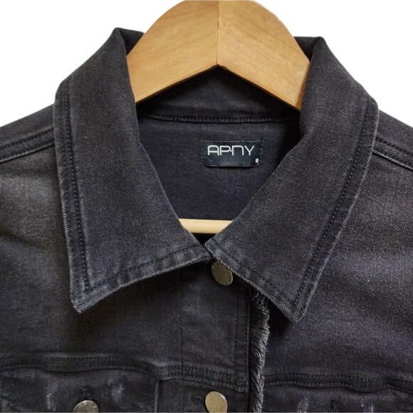 APNY Denim Jacket Women S Black Cotton Blend Graffiti Frayed Button Distressed - Picture 5 of 15